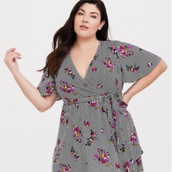Torrid Floral Stripe Challis Wrap Dress Size One - Picture 12 of 13